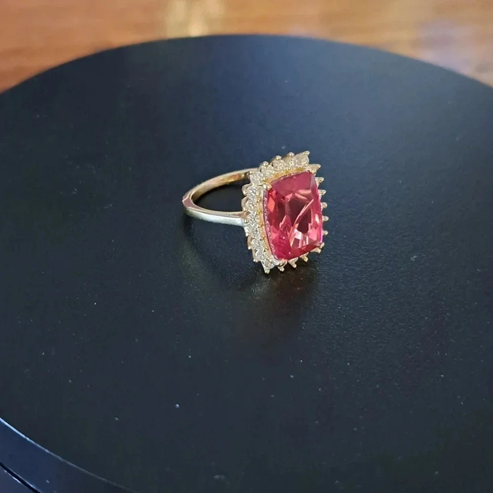 Padparadscha Sapphire & Genuine Moissanite Sunburst Ring. - Picture 7 of 9